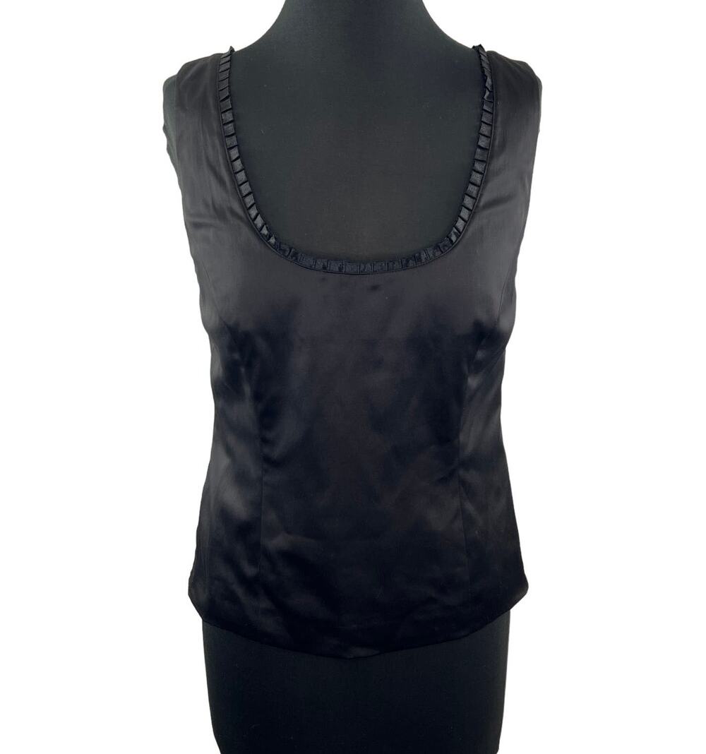 Anna Scholz Black Satin Ruffle Pleat Neckline Blouse Tank Top Sleeveless Size 12